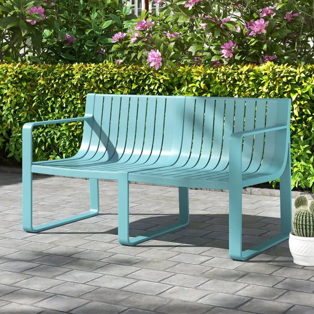 Weather-resistant Plastic 2-Person Bench with Curved Backrest-Blue - Blue - Outdoor Benches