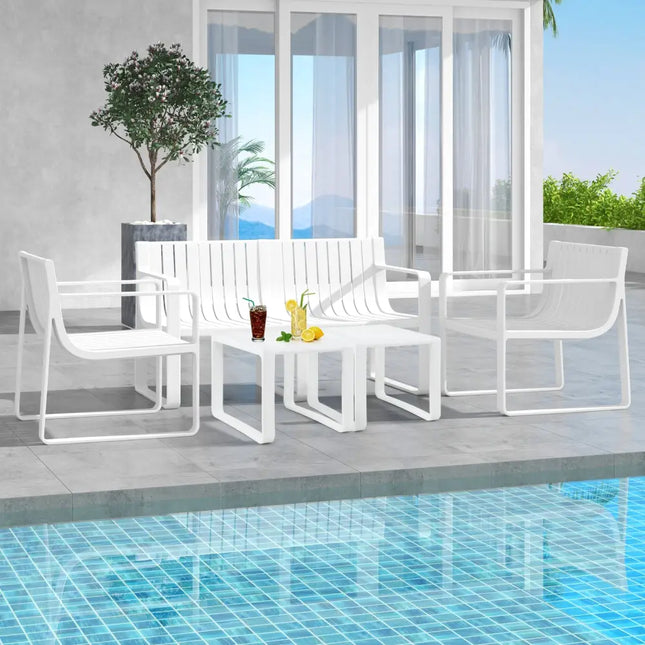 Weather-resistant Plastic 2-Person Bench with Curved Backrest-White - White - Outdoor Benches