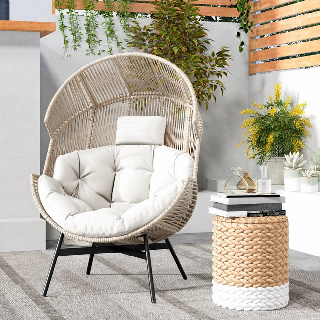 Wicker Oversized Egg Style Chair with Cushions and Headrest-Off White - Off White - Outdoor Seating & Patio Chairs