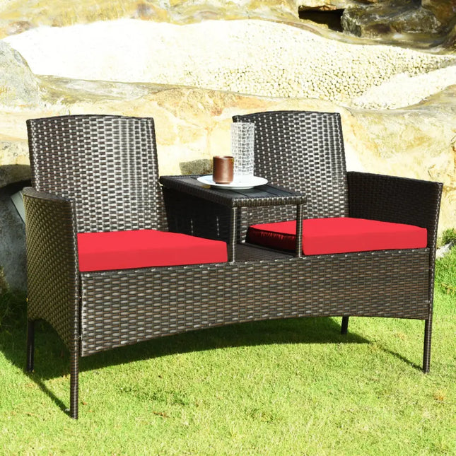 Wicker Patio Conversation Furniture Set with Removable Cushions and Table-Red - Red - Patio Conversation Sets