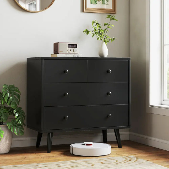 Wide Wooden Dresser with 4 Drawers for Bedroom Living Room-Black - Black - Dressers & Chests