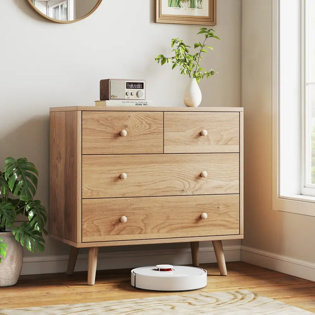 Wide Wooden Dresser with 4 Drawers for Bedroom Living Room-Natural - Natural - Dressers & Chests