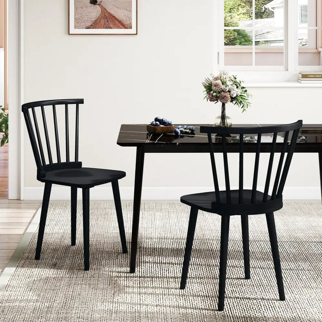Windsor Dining Chairs Set of 2 Rubber Wood Kitchen Chairs with Spindle Back-Black - Black - Dining Chairs