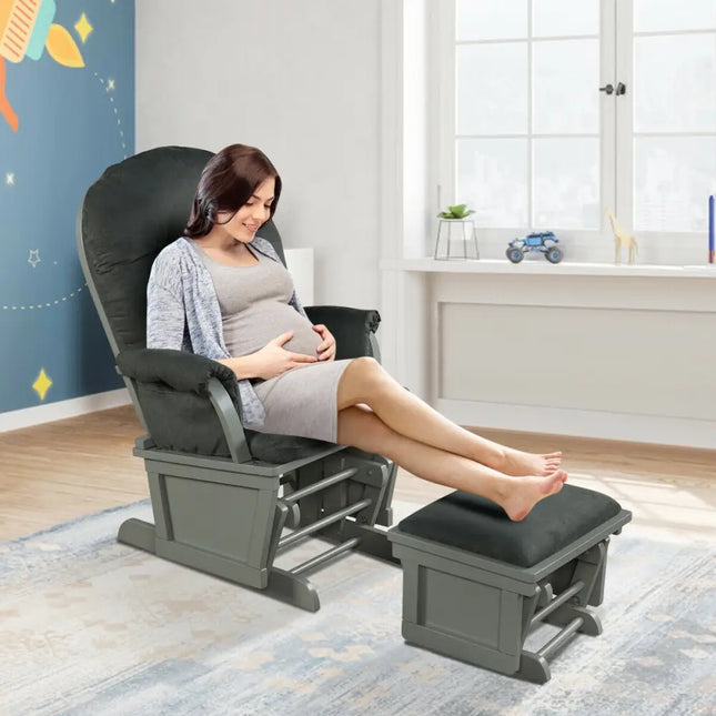 Wood Baby Glider and Ottoman Cushion Set with Padded Armrests for Nursing-Gray - Dark Gray - Recliners