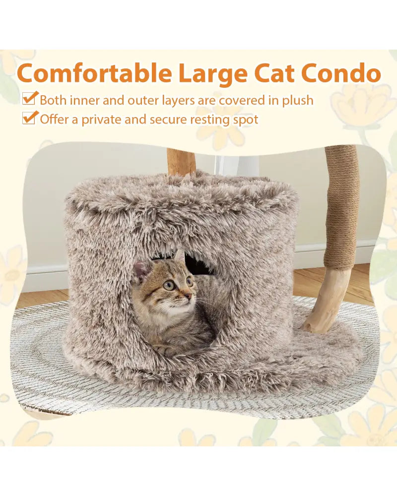 Wood Cat Tree Solid Pear Cat Tree with Perch and Sisal Scratching Posts-Brown - Brown - Cat Trees Condos & Scratchers