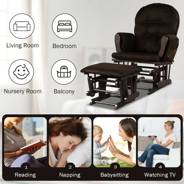 Wood Glider and Ottoman Set with Padded Armrests and Detachable Cushion-Brown - Brown - Recliners