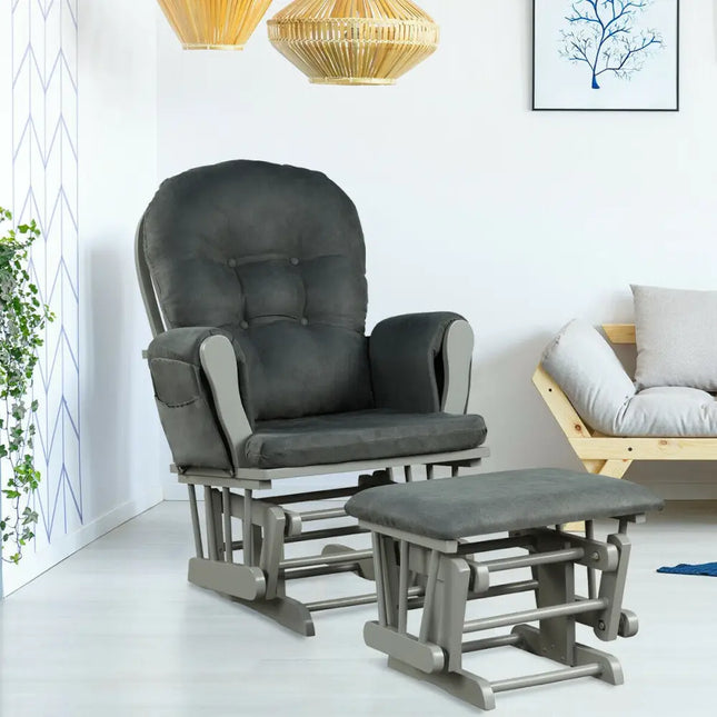 Wood Glider and Ottoman Set with Padded Armrests and Detachable Cushion-Dark Gray - Dark Gray - Recliners