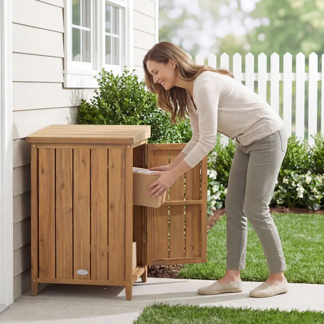 Wood Package Delivery Box with Openable Lid and Removable Shelf for Garden - Natural - Sheds & Outdoor Storage