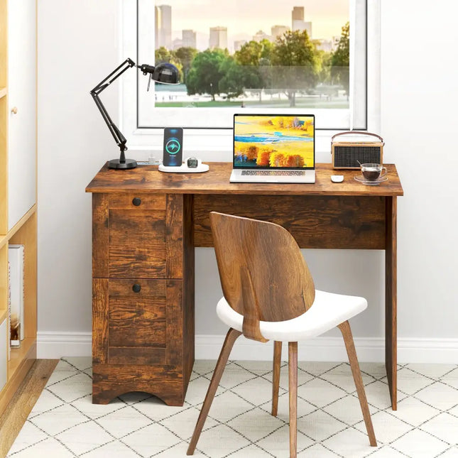 Wooden Computer Desk Workstation with 3 Drawers for Home and Office-Rustic Brown - Rustic Brown - Computer Desks