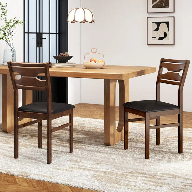Wooden Dining Chair Set of 2 with PU Leather Padded Seat and Rubber Wood Frame-Walnut - Walnut - Dining Chairs