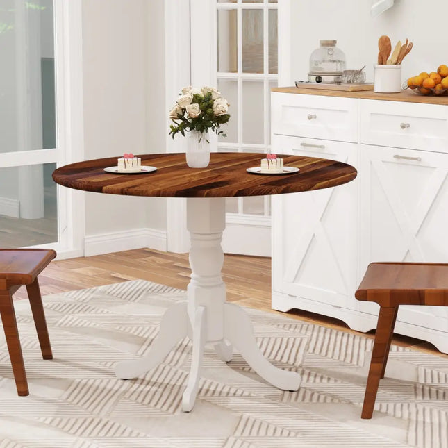 Wooden Dining Table with Round Tabletop and Curved Trestle Legs-Walnut & White - Walnut & Gray - Kitchen & Dining