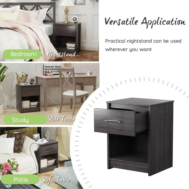 Wooden End Side Table Nightstand with Drawer Storage Shelf-Black - Black - Nightstands