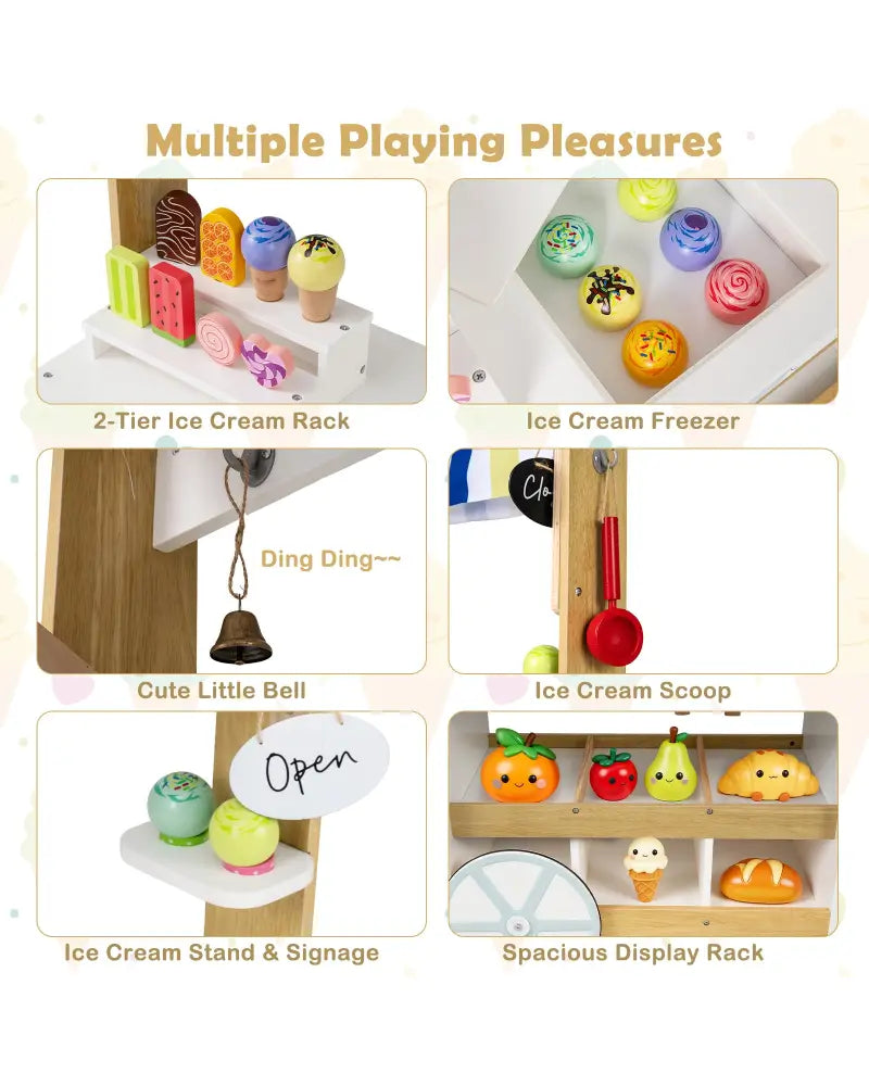 Wooden Ice Cream Cart for Kids 2-in-1 Grocery Store Playset with Display Shelves-White - White - Play Kitchen Sets