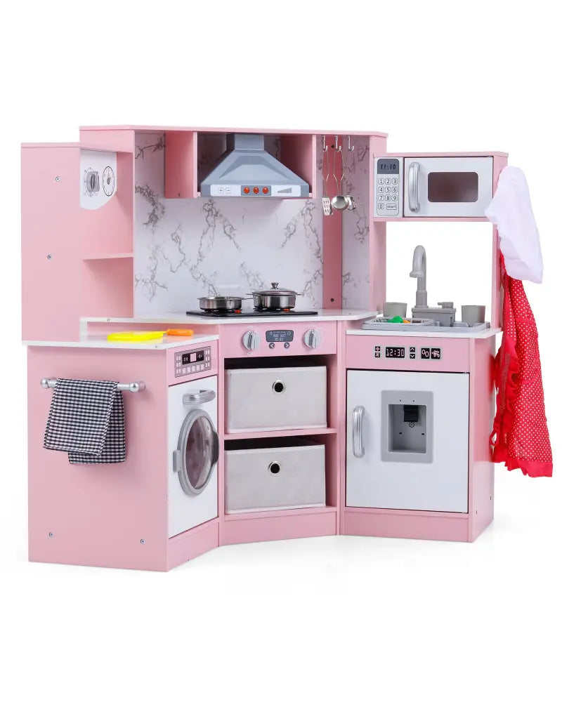 Wooden Kids Play Kitchen Playset with Realistic Lights and Sounds-Pink - Pink - Play Kitchen Sets