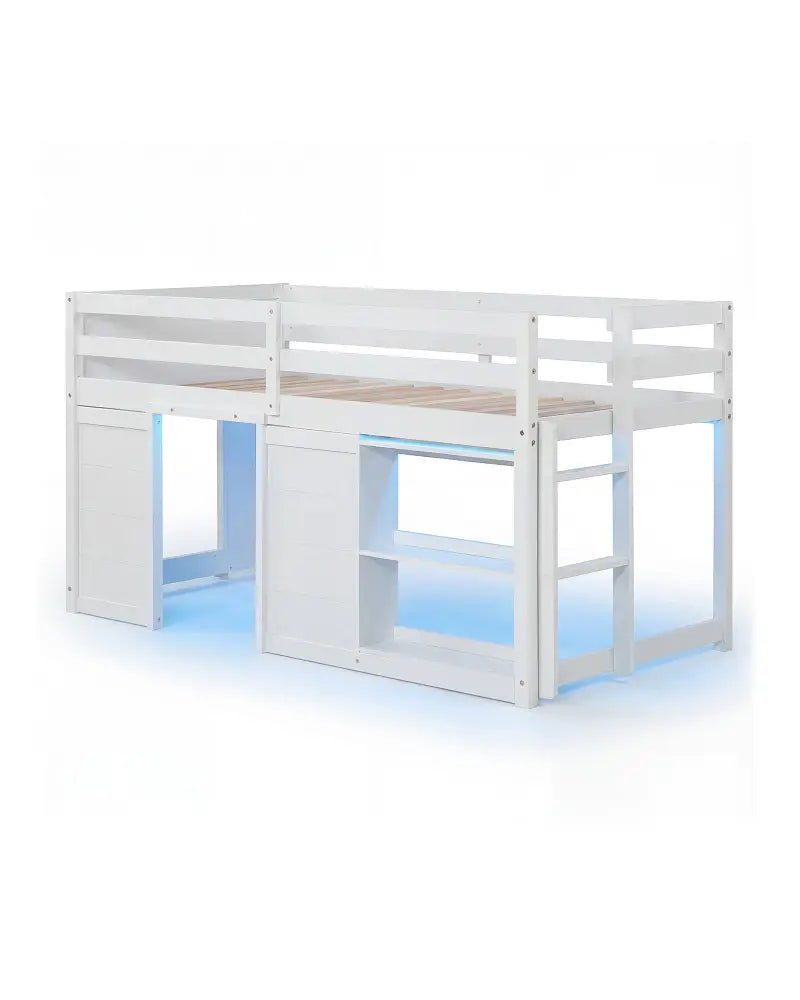 Wooden Low Kids Loft Bed with LED Lights and 2 Doors-White - White - Bunk Bed Frame