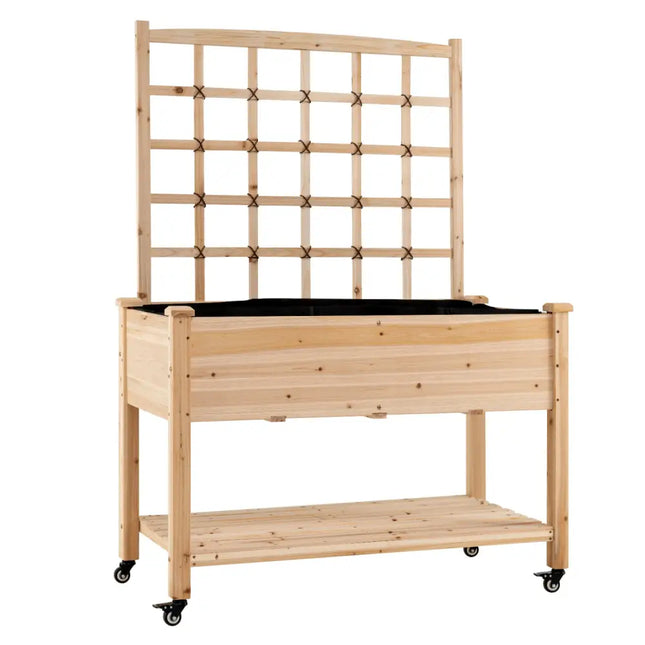 Wooden Mobile Raised Garden Bed on Wheels with Trellis-Natural - Natural - Raised Garden Beds