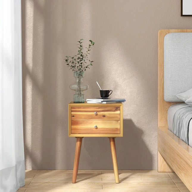 Wooden Nightstand Mid-Century End Side Table with 2 Storage Drawers-Natural - Natural - Nightstands