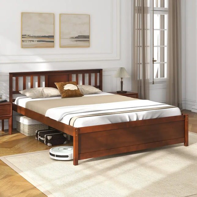 Wooden Platform Bed with Headboard and Slat Support-Queen Size - Walnut - Simple Bed Frame