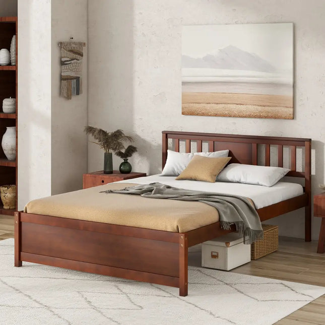 Wooden Platform Bed with Headboard and Wood Slat Support-Full Size - Walnut - Simple Bed Frame