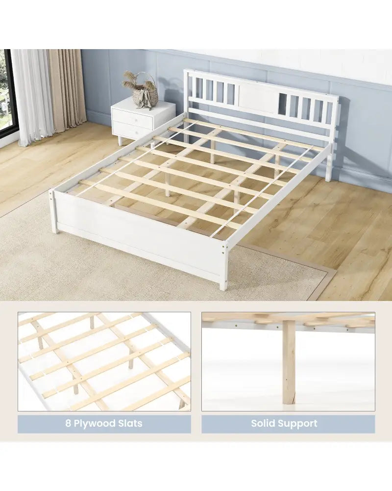 Wooden Platform Bed with Headboard and Wood Slat Support White-Queen Size - White - Simple Bed Frame