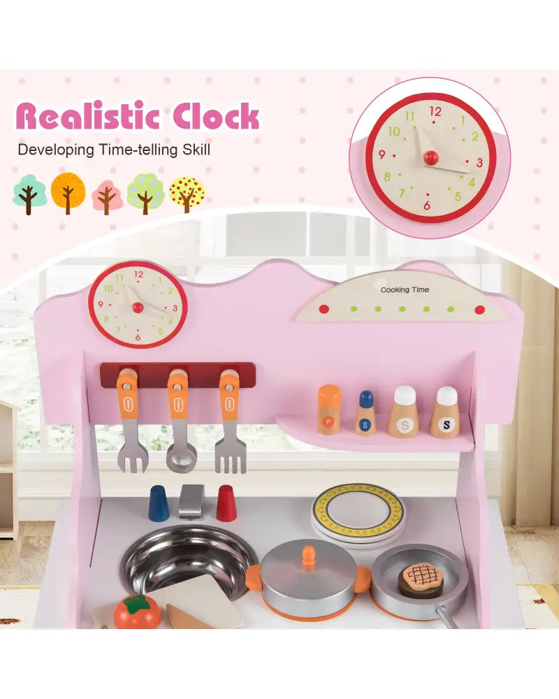 Wooden Play Kitchen for Kids Pretend Play Toy Kitchen Set with Clock Gift for Boys and Girls 3 +Pink - Pink - Play