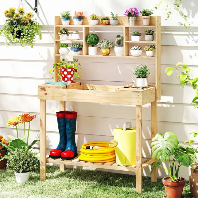 Wooden Potting Bench Table Garden Planting Workstation with 3-Tier Open Shelf-Natural - Natural - Potting Benches &