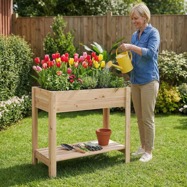 Wooden Raised Garden Bed with Legs and Storage Shelf - Natural - Raised Garden Beds