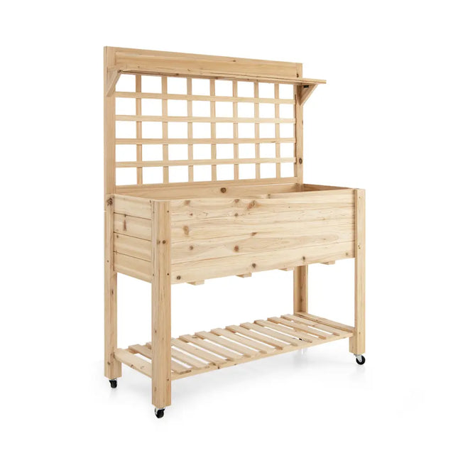 Wooden Raised Garden Bed with Wheels Trellis and Storage Shelf - Natural - Raised Garden Beds