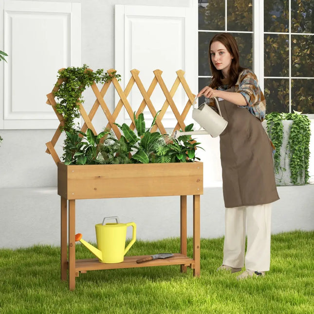 Wooden Rolling Raised Garden Bed with Trellis and Storage Shelf - Natural - Raised Garden Beds
