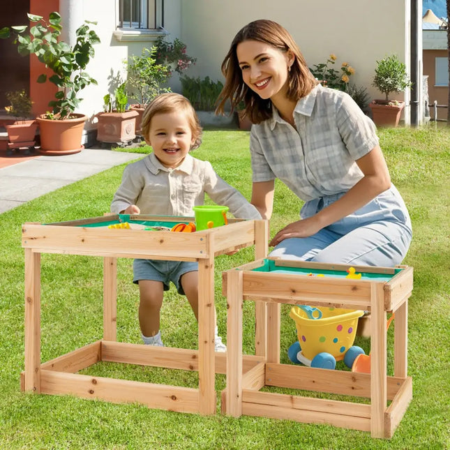 Wooden Sand and Water Tables with Protective Cover for Kids-Natural - Natural - Sandboxes