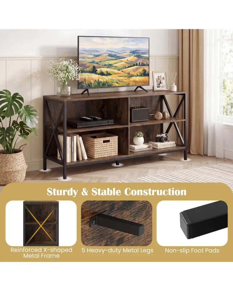 Wooden TV Stand Entertainment for TVs up to 55 Inch with X-Shaped Frame-Rustic Brown - Rustic Brown - Entertainment