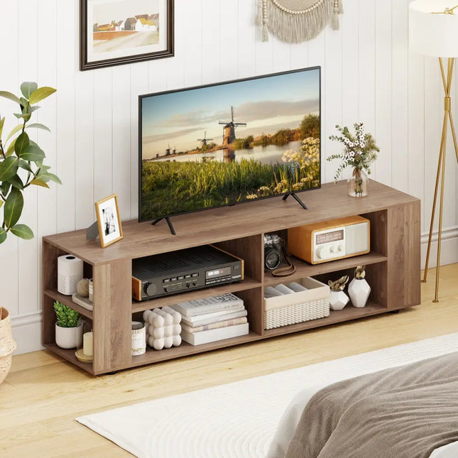 Wooden TV Stand with 8 Open Shelves for TVs up to 65 Inch Flat Screen-Light Gray - Light Gray - Entertainment Centers &