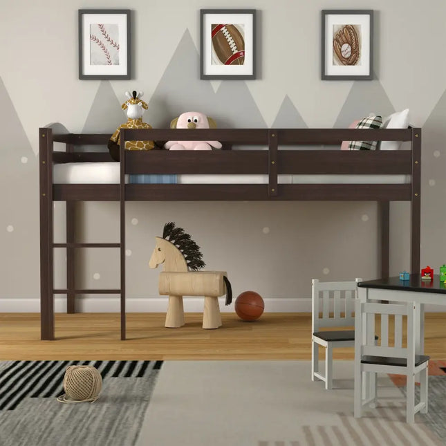 Wooden Twin Low Loft Bunk Bed with Guard Rail and Ladder-Dark Brown - Dark Brown - Bunk Bed Frame