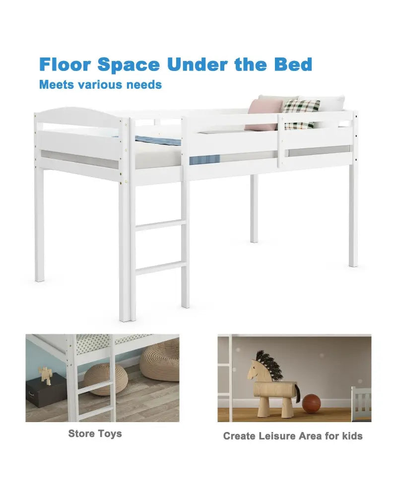 Wooden Twin Low Loft Bunk Bed with Guard Rail and Ladder-White - White - Bunk Bed Frame