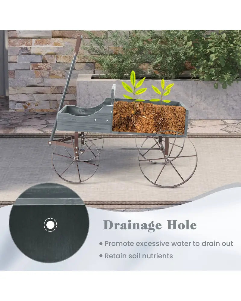 Wooden Wagon Plant Bed with Metal Wheels for Garden Yard Patio-Gray - Gray - Raised Garden Beds