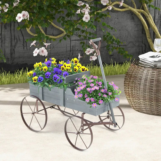 Wooden Wagon Plant Bed with Metal Wheels for Garden Yard Patio-Gray - Gray - Raised Garden Beds