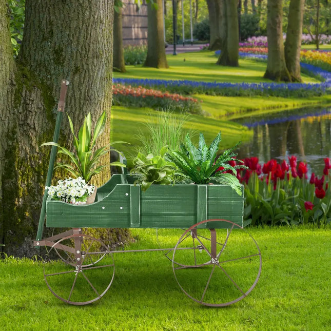 Wooden Wagon Plant Bed With Wheel for Garden Yard-Green - Green - Raised Garden Beds