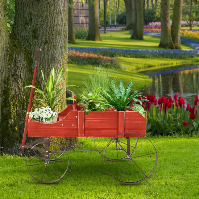 Wooden Wagon Plant Bed With Wheel for Garden Yard-Red - Red - Raised Garden Beds