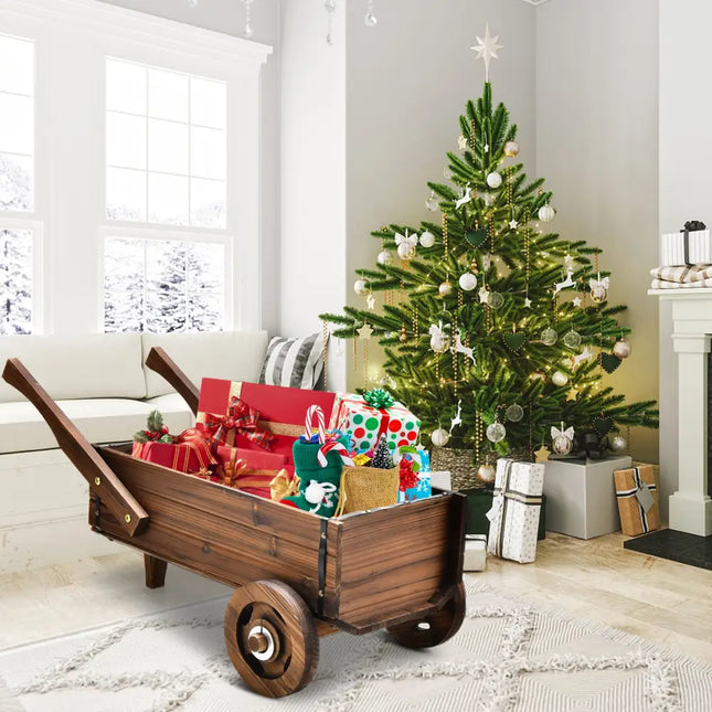 Wooden Wagon Planter Box with Wheels Handles and Drainage Hole-Rustic Brown - Rustic Brown - Raised Garden Beds