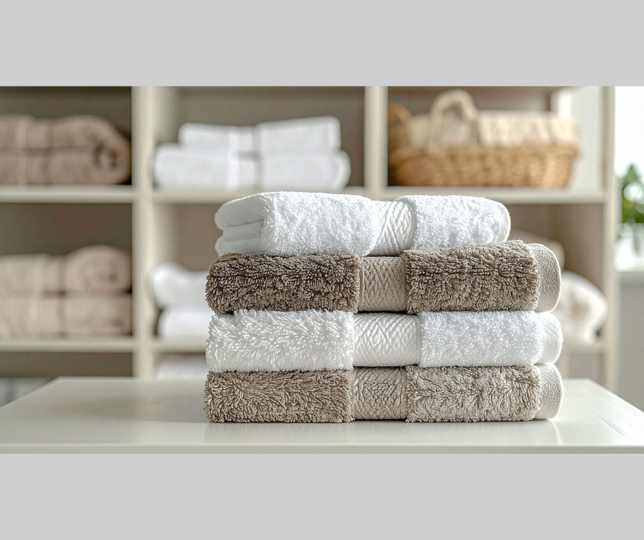Image of bath towels and shelves with towels  at the background