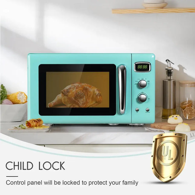 Costway 0.9 Cu.ft retro green countertop microwave oven, compact design with dial controls and digital display, ideal for small kitchens.
