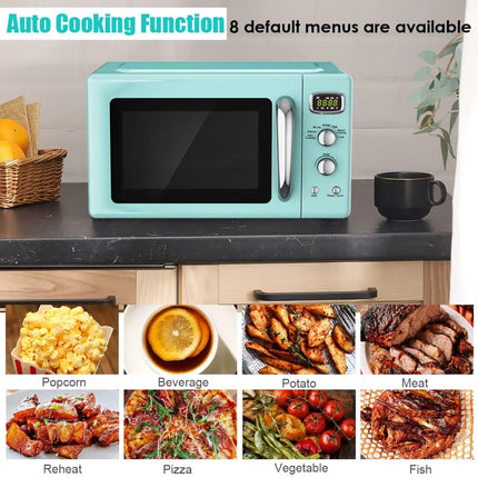 Costway 0.9 cu.ft retro green countertop microwave oven, compact kitchen appliance with digital display and control panel.
