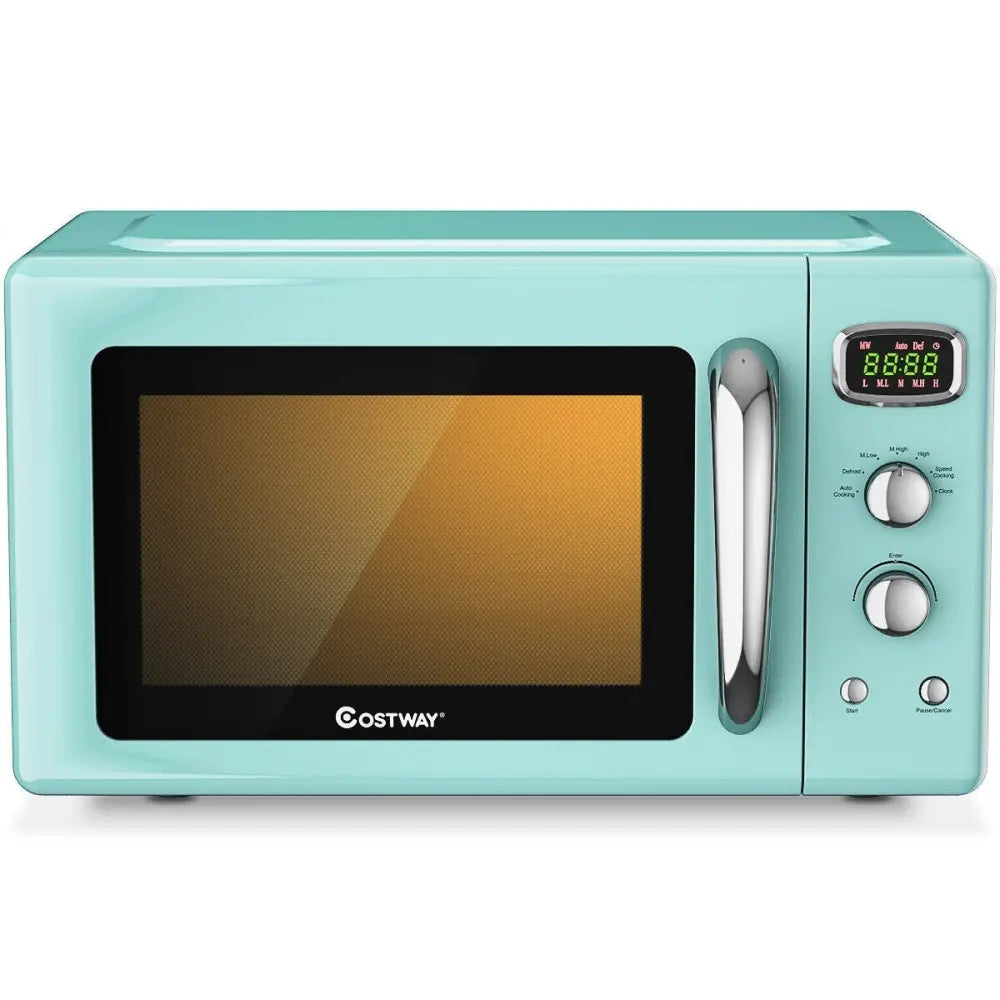 Green Costway 0.9 cu.ft retro countertop microwave oven with digital controls and compact design.