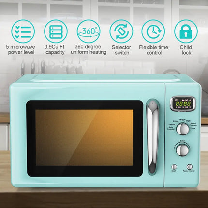 Green Costway 0.9 Cu.ft retro countertop microwave oven with digital controls and compact design for efficient kitchen use.