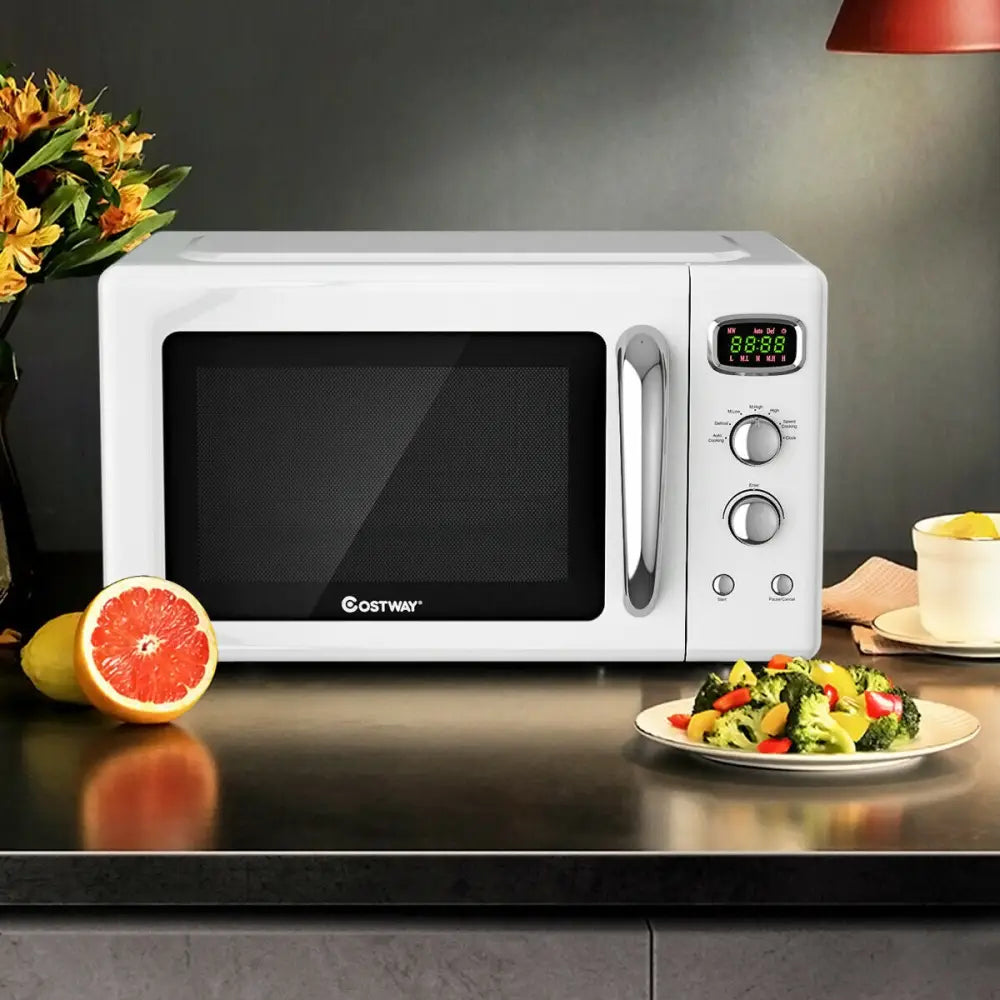 Costway 0.9 cu.ft white retro countertop microwave oven, compact design with digital controls and spacious interior for quick heating