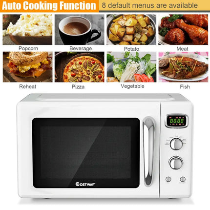 White 0.9 cu.ft retro countertop microwave oven by Costway, compact design with retro style and digital control panel.