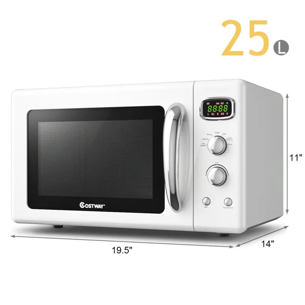 White 0.9 cu.ft retro countertop microwave oven by Costway, compact design with digital controls and stainless steel interior.