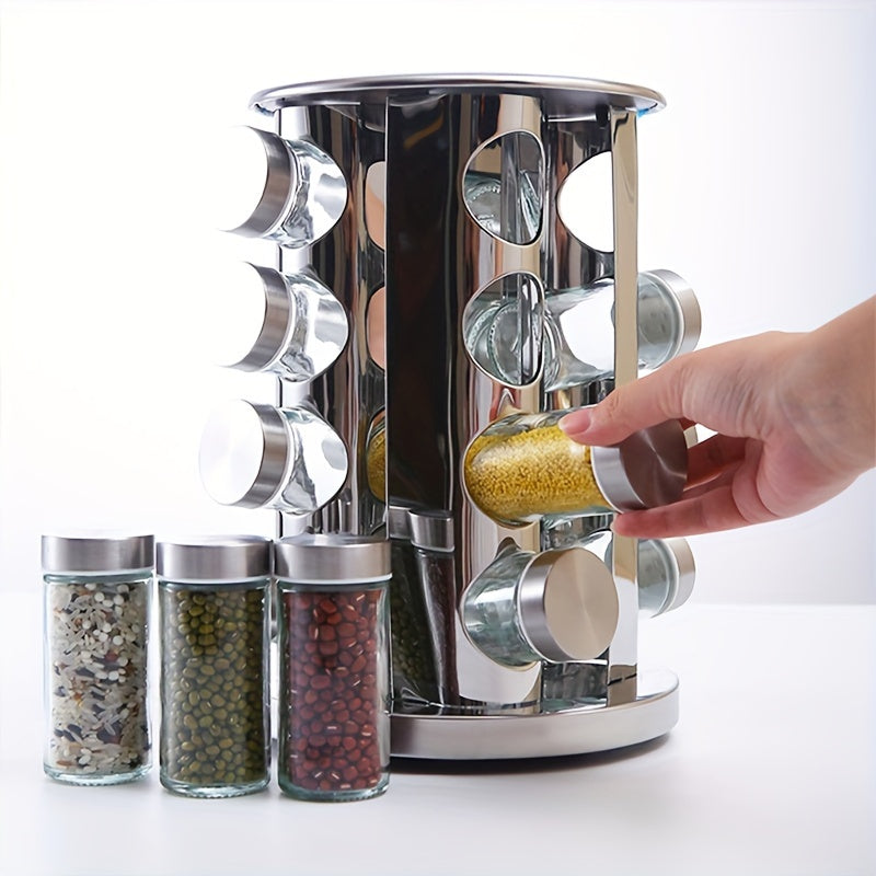 Spice rack with a hand selecting a spice, surrounded by small jars of spices on a white background