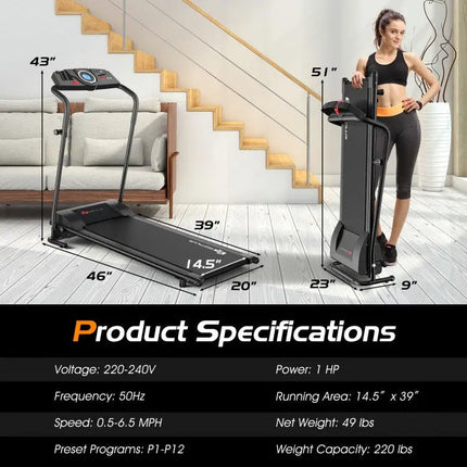 Foldable treadmill with dimensions and specifications displayed, woman standing next to it.