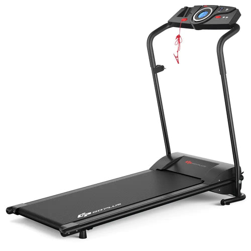 Black treadmill with digital display on a white background